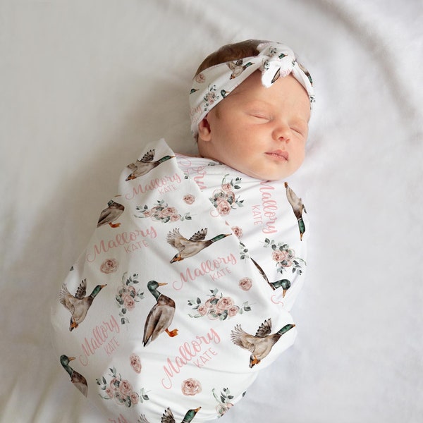 Girl Mallard Duck Swaddle Set, Duck Swaddle Baby Blanket, Personalized Swaddle Blanket, Duck Hunter Baby Blanket, Duck Nursery Decor B33