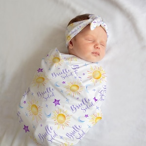 Sun Moon and Stars Swaddle Set, Personalized Sunshine Baby Blanket, Moon Swaddle Blanket, New Baby Gift, Celestial Bedding T43