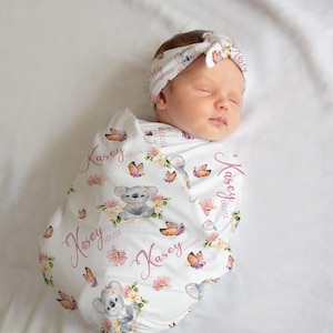 Girl Koala Swaddle Set Blanket, Koala Swaddle Blanket, Personalized Baby Blanket, Koala Nursery Theme, Newborn Blanket, Floral Koala G72