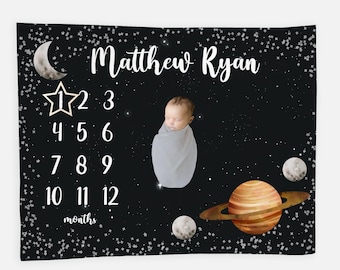 Outer Space Baby Milestone Blanket, Stars and Planets Baby Milestone Blanket, Galaxy Monthly Baby Blanket, Moon Outer Space Baby Blanket T22