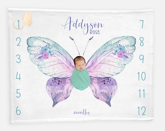 Butterfly Baby Milestone Blanket, Personalized Baby Blanket, Monthly Baby Blanket, Girl Blanket, Lavender Mint Butterfly Baby Blanket F70