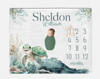 Turtle Milestone Blanket, Turtle Baby Blanket, Baby Boy Nautical, Personalized Baby Blanket, Ocean Life Nursery, Marine Life Nursery O45