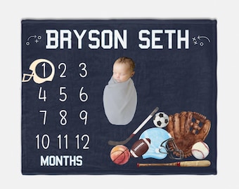 Boy Football and Sports Milestone Blanket, Soccer and Baseball Milestone Blanket, Hockey Monthly Baby Blanket, Baby Sports Blanket B73