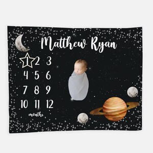 Outer Space Baby Milestone Blanket, Stars and Planets Baby Milestone Blanket, Galaxy Monthly Baby Blanket, Moon Outer Space Baby Blanket T22