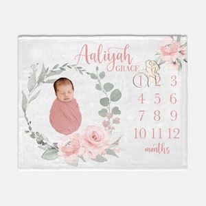 Elegant Rose and Greenery Nursery Baby Milestone Blanket, Eucalyptus Baby Milestone Blanket, Monthly Baby Blanket, Baby Girl Blanket F69