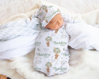Green Bear Balloon Swaddle Set, Personalized Bear and Stars Baby Blanket, Lullaby Boy Swaddle Blanket, New Baby Gift, Bear Swaddle Set T57
