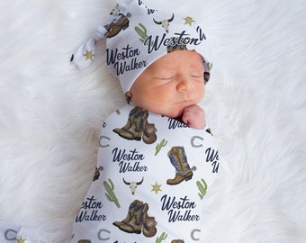 Cowboy Swaddle Set, Cowboy Swaddle Baby Blanket, Personalized Swaddle Blanket, Western Cactus Baby Blanket, Custom Name Blanket D8