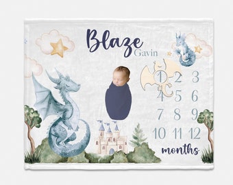 Dragon Baby Milestone Blanket, Baby Boy Milestone Blanket, Personalized Baby Blanket, Monthly Baby Blanket, Dragon Fantasy Nursery Theme B81