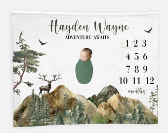 Woodland Milestone Blanket, Mountain Forest Stag Milestone Blanket, Personalized Baby Blanket, Adventure Awaits Blanket, Baby Boy Blanket W7