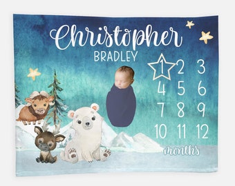 Arctic Animal Baby Milestone Blanket, Polar Bear Milestone Blanket, Personalized Baby Blanket, Monthly Baby Blanket, Gender Neutral B45