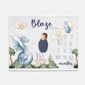 Dragon Baby Milestone Blanket, Baby Boy Milestone Blanket, Personalized Baby Blanket, Monthly Baby Blanket, Dragon Fantasy Nursery Theme B81