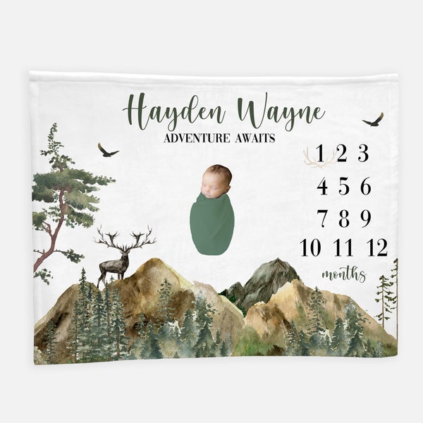 Woodland Milestone Blanket, Mountain Forest Stag Milestone Blanket, Personalized Baby Blanket, Adventure Awaits Blanket, Baby Boy Blanket W7