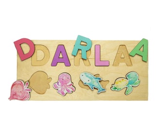 Sea Life Name Puzzle, Wood Name Puzzle, Personalized Toddler Puzzle, First Birthday Gift, Montessori Puzzle, Fish Octopus Shark Turtle