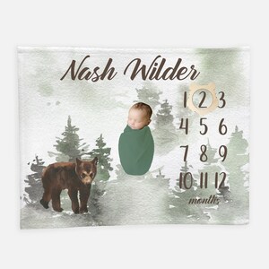 Woodland Bear Baby Milestone Blanket, Forest Bear Milestone Blanket, Personalized Baby Boy Blanket, Wilderness Baby Boy Blanket W11