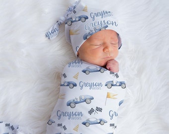 Race Car Swaddle Set, RaceCar Swaddle Blanket, Personalized Baby Blanket, Car Nursery Theme, Newborn Blanket, Race Car Baby Blanket T56