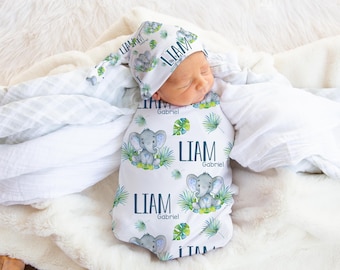 Elephant Swaddle Set, Safari Swaddle Set, Elephant Baby Blanket