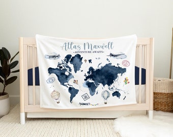 World Map Baby Blanket, Personalized Baby Blanket, Adventure Nursery Theme, Newborn Blanket, Baby Shower Gift, Adventure Map Blanket T1