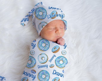 Donut Swaddle Set, Blue Donut Swaddle Set, Personalized Baby Blanket, Donut Theme, Baby Shower Gift, Donut Kid Blanket, Donut Blanket B29