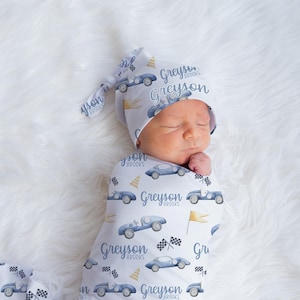 Race Car Swaddle Set, RaceCar Swaddle Blanket, Personalized Baby Blanket, Car Nursery Theme, Newborn Blanket, Race Car Baby Blanket T56