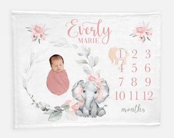 Girl Elephant Milestone Blanket, Pink Roses Milestone Blanket, Baby Month Blanket, Baby Girl Blanket, Elegant Elephant Baby Girl Blanket S52