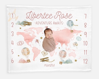 Girl World Map Baby Milestone Blanket, Adventure Awaits Blanket, Monthly Baby Blanket, World Milestone Blanket, Adventure Baby T54