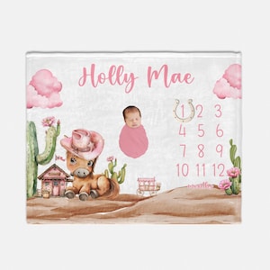 Cowgirl Horse Baby Milestone Blanket, Western Baby Blanket, Girl Milestone Blanket, Personalized Horse Cowgirl Blanket, Cowgirl Blanket D14