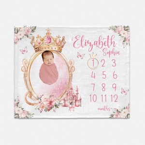 Princess Crown Milestone Blanket, Princess Girl Baby Milestone Blanket, Personalized Monthly Blanket, Girl Blanket, Princess Blanket G79