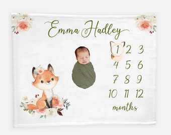 Girl Woodland Milestone Blanket, Fox Milestone Blanket, Baby Fox Blanket, Baby Shower Gift, Newborn Blanket, Watch Me Grow Blanket W25