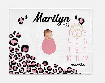 Pink Leopard Print Baby Milestone Blanket, Girl Leopard Baby Blanket, Monthly Baby Blanket, Milestone Leopard Blanket, Pink Leopard G32