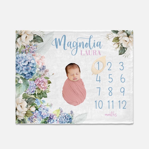 Magnolia Milestone Blanket, Hydrangea Monthly Baby Blanket, Floral Milestone Blanket, Girl Baby Shower Gift, Magnolia Hydrangea Blanket F100