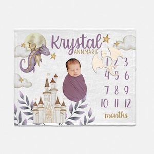 Girl Dragon Baby Milestone Blanket, Dragon Milestone Blanket, Personalized Baby Blanket, Monthly Baby Blanket, Dragon Nursery Theme G63