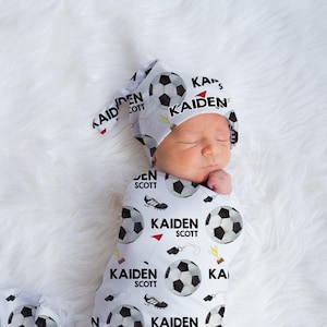 Soccer Swaddle Set, Soccer Baby Blanket, Personalized Sports Baby Blanket, Sports Nursery Theme, Soccer Nursery, Newborn Blanket B47