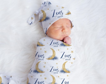 Moon Swaddle Set, Personalized Moon and Stars Baby Blanket, Moon Boy Swaddle Blanket, New Baby Gift, Love You To The Moon and Back, T72