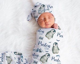Penguin Swaddle Set, Penguin Swaddle Blanket, Personalized Baby Blanket, Arctic Animal Nursery, Penguin Baby Blanket, Penguin Nursery B61