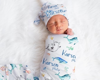 Whale Swaddle Set, Personalized Whale Baby Blanket, Shark Boy Swaddle Blanket, Under The Sea Swaddle Set, Ocean Life Blanket, Narwhal O42