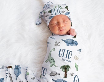 Dinosaur Swaddle Blanket, Dinosaur Personalized Baby Blanket, Personalized Baby Blanket, Baby Shower Gift, Dinosaur Swaddle Set B50