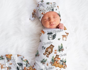 Woodland Swaddle Set, Woodland Baby Blanket, Personalized Swaddle Blanket, Woodland Animal Baby Blanket, Custom Name Blanket, Woodland W1