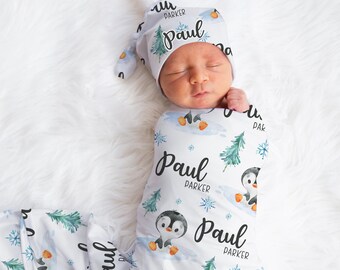 Penguin Swaddle Set, Penguin Swaddle Blanket, Personalized Baby Blanket, Arctic Animal Nursery, Penguin Baby Blanket, Penguin Nursery O29