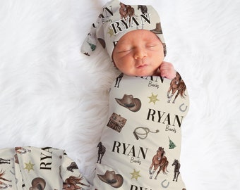 Cowboy Swaddle Set, Cowboy Swaddle Baby Blanket, Personalized Swaddle Blanket, Cowboy Ranch Baby Blanket, Cowboy Nursery Theme C36