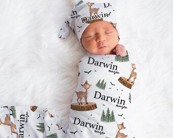 Deer Swaddle Set, Woodland Baby Blanket, Personalized Swaddle Blanket, Woodland Deer Animal Baby Blanket, Custom Name Blanket, Woodland W40