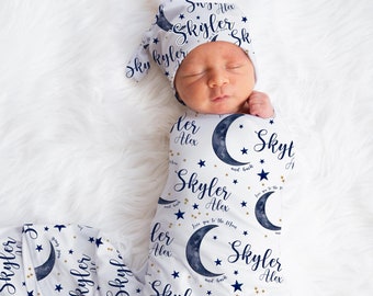 Moon Swaddle Set, Personalized Moon and Stars Baby Blanket, Moon Boy Swaddle Blanket, New Baby Gift, Love You To The Moon and Back, T10