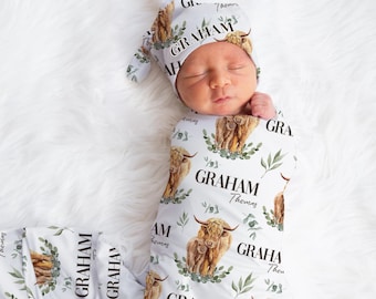 Highland Cow Swaddle Blanket, Cow Personalized Baby Blanket, Personalized Baby Blanket, Baby Shower Gift, Highland Cow Swaddle Set C21