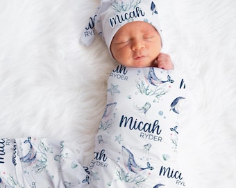 Whale Swaddle Set, Personalized Whale Baby Blanket, Shark Boy Swaddle Blanket, Under The Sea Swaddle Set, Ocean Life Blanket, Dolphin O25