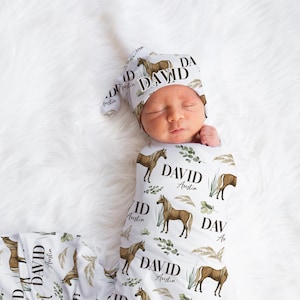 Horse Swaddle Set, Horse Swaddle Blanket, Personalized Baby Blanket, Horse Nursery Theme, Newborn Blanket, Baby Shower Gift, Equestrian C20