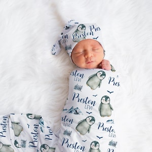 Penguin Swaddle Set, Penguin Swaddle Blanket, Personalized Baby Blanket, Arctic Animal Nursery, Penguin Baby Blanket, Penguin Nursery B61