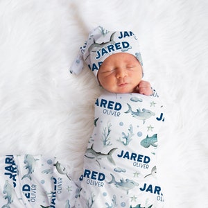 Shark Swaddle Set, Personalized Shark Baby Blanket, Shark Boy Swaddle Blanket, Under The Sea Swaddle Set, Ocean Life Bedding, O32