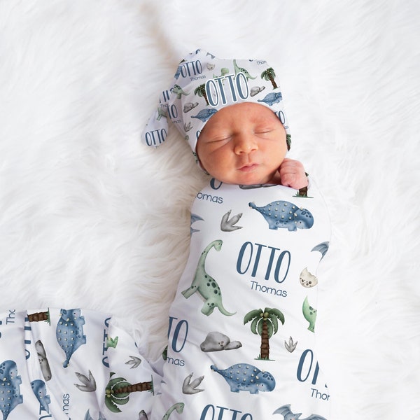 Dinosaur Swaddle Blanket, Dinosaur Personalized Baby Blanket, Personalized Baby Blanket, Baby Shower Gift, Dinosaur Swaddle Set B50