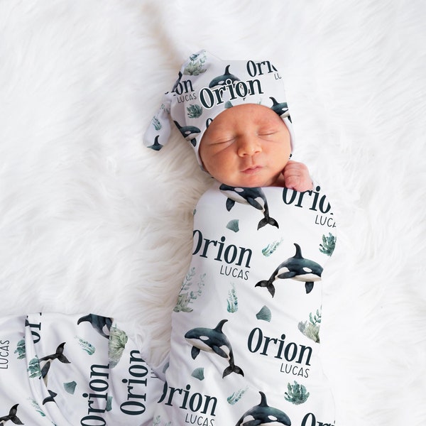 Orca Whale Swaddle Set, Personalized Whale Baby Blanket, Orca Boy Swaddle Blanket, Under The Sea Swaddle Set, Ocean Life Blanket, O35