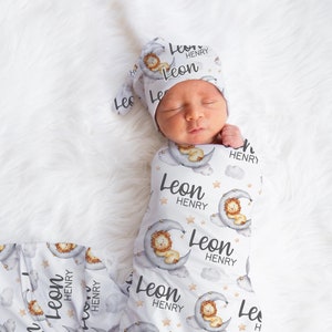 Lion Moon and Stars Swaddle Set, Personalized Moon and Stars Baby Blanket, Moon Boy Swaddle Blanket, New Baby Gift, Celestial Bedding B67