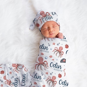 Octopus Swaddle Set, Personalized Sea Life Baby Blanket, Octopus Boy Swaddle Blanket, Under The Sea Swaddle Set, Ocean Life Bedding O38